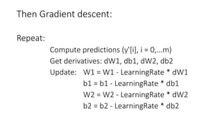 Then Gradient descent:
Repeat:
Compute predictions (y'[i], i = 0,...m)
Get derivatives: dW1, db1, dW2, db2
Update: W1 = W1 - LearningRate * dW1
b1 = b1 - LearningRate * db1
W2 = W2 - LearningRate * dW2
b2 = b2 - LearningRate * db2
 