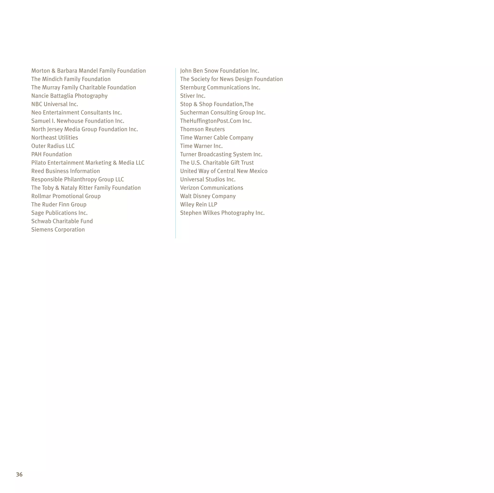 Morton && Barbara Mandel Family Foundation
      Morton Barbara Mandel Family Foundation      John Ben Snow Foundation Inc.
                                                    John Ben Snow Foundation Inc.
     The Mindich Family Foundation
      The Mindich Family Foundation                The Society for News Design Foundation
                                                    The Society for News Design Foundation
     The Murray Family Charitable Foundation
      The Murray Family Charitable Foundation      Sternburg Communications Inc.
                                                    Sternburg Communications Inc.
     Nancie Battaglia Photography
      Nancie Battaglia Photography                 Stiver Inc.
                                                    Stiver Inc.
     NBC Universal Inc.
      NBC Universal Inc.                           Stop && Shop Foundation,The
                                                    Stop Shop Foundation,The
     Neo Entertainment Consultants Inc.
      Neo Entertainment Consultants Inc.           Sucherman Consulting Group Inc.
                                                    Sucherman Consulting Group Inc.
     Samuel I.I. Newhouse Foundation Inc.
      Samuel Newhouse Foundation Inc.              TheHuffingtonPost.Com Inc.
                                                    TheHuffingtonPost.Com Inc.
     North Jersey Media Group Foundation Inc.
      North Jersey Media Group Foundation Inc.     Thomson Reuters
                                                    Thomson Reuters
     Northeast Utilities
      Northeast Utilities                          Time Warner Cable Company
                                                    Time Warner Cable Company
     Outer Radius LLC
      Outer Radius LLC                             Time Warner Inc.
                                                    Time Warner Inc.
     PAH Foundation
      PAH Foundation                               Turner Broadcasting System Inc.
                                                    Turner Broadcasting System Inc.
     Pilato Entertainment Marketing && Media LLC
      Pilato Entertainment Marketing Media LLC     The U.S. Charitable Gift Trust
                                                    The U.S. Charitable Gift Trust
     Reed Business Information
      Reed Business Information                    United Way of Central New Mexico
                                                    United Way of Central New Mexico
     Responsible Philanthropy Group LLC
      Responsible Philanthropy Group LLC           Universal Studios Inc.
                                                    Universal Studios Inc.
     The Toby && Nataly Ritter Family Foundation
      The Toby Nataly Ritter Family Foundation     Verizon Communications
                                                    Verizon Communications
     Rollmar Promotional Group
      Rollmar Promotional Group                    Walt Disney Company
                                                    Walt Disney Company
     The Ruder Finn Group
      The Ruder Finn Group                         Wiley Rein LLP
                                                    Wiley Rein LLP
     Sage Publications Inc.
      Sage Publications Inc.                       Stephen Wilkes Photography Inc.
                                                    Stephen Wilkes Photography Inc.
     Schwab Charitable Fund
      Schwab Charitable Fund
     Siemens Corporation
      Siemens Corporation




36
 