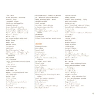 Leslie H. Read                               Raymond A. Wedlake and Nancy Joy Wedlake           Kimberley K. Anstee
Mr. and Mrs. Robert D. Reischauer            Jeff A. Weinberger and Judith Weinberger           Joyce S. Appelman
Jonathan D. Resnick                          Neal R. Weiner and Denise F. Weiner                Genaro C. Armas and Jennifer L. Zeigler
Florence Reif Richman                        Herbert E. Weisbaum                                James John Armstrong
Toby G. Ritter and Nataly Ritter             John R. Wildhack                                   Stephen A. Arvan
Douglas G. Robinson                          Mr. and Mrs. Robert J. Wilensky                    James O’Hanlon Asher and Jennifer H. Asher
Mr. and Mrs. John D. Rockefeller             A. Mark Winter and Linda C. Eng                    Matthew J. Aubin and Barbara A. Aubin
Stephen A. Rogers and Nancy Rogers           Edward Jason Wise                                  Dr. James A. Azar
Dr. David M. Rubin and Christina Press       Howard E. Woolley and Gail A. Campbell             Betty J. Baderman
Richard A. Russell and Maria P. Russell           Woolley                                       Franklin Baharestani and Soraya R. Baharestani
Marianne L. Samenko                          Ann Woolner                                        James W. Baird
William Saurer Jr.                           Frances P. Yariv                                   Peter Baker
Bob Schieffer and Patricia P. Schieffer      William C. Zimmer and Dana Iannielli Zimmer        Edward E. Balaban
Anne H. Schmitt                                                                                 Alfred Balk*
Mark D. Sena                                                                                    Miriam Jill Balmuth
Marvin L. Shapiro                            FRIENDS                                            Douglas W. Bandos
Lora A. Sharpe                               Anonymous Friends                                  Carol A. Barkann
Mark Shields                                 Edith A. Abedi                                     Stephanie C. Barlow
Alan D. Slater and Gerri S. Slater           Donna R. Aboff                                     Linda Barlow-Salkovitz
F. William Smullen and Mary Lou Smullen      Aimee V. Achorn                                    Beth E. Barnes
Albert P. Stauderman Jr. and Helen M.        Stephen G. Adamek                                  Joshua A. Barnett and Mary C. Barnett
     Stauderman                              Patrice G. Adcroft                                 Harvey B. Baron and Carol Sherman Baron
Kim M. Steele                                Dr. Gerard C. Addonizio and Dr. Linda J.           Katharine Griffin Barr
Fred K. Sternburg                                Addonizio                                      Marianne Barrett
Charles W. Stevens and Dr. Jennifer Greene   Mr. and Mrs. Alfred G. Adler                       Max H. Barsuk
     Stevens                                 Sheryl F. Aiello                                   Thomas R. Bartel and Nancy E. Bartel
Lewis H. Strauss                             Jeanne M. Albanese                                 Bruce M. Bartholomew and Diane A.
Stuart Sucherman                             Alyssa R. Allen                                        Bartholomew
John L. Sykes                                Dr. James E. Allison and Margaret G. Lindenstein   Janice Heller Bass
Anne Corwin R. Taft                          Jordana E. Al-Saigh                                Nancie R. Battaglia
Michael T. Tirico and Deborah G. Tirico      Robert D. Altus                                    Anthony C. Battaglia Jr.
Luis C. Torres-Bohl                          Christopher Joseph Alvarez and Jaime Winne         Tracy A. Baumgardner
Michael J. Trach                                 Alvarez                                        Theodore R. Bayer and Ellen S. Bayer
Cynthia R. Trifone                           Dr. and Mrs. Douglas A. Anderson                   Dr. John C. Beachboard and Martine R.
Paul J. Trifone                              Theresa P. Andoniades                                  Beachboard
Dr. Peter Tsairis and Aphrodite Tsairis      Emily L. Andreano                                  Margaret A. Beckwith
George P. Verschoor                          Lynn S. Angell                                     Frances DeSimone Becque
Donald Vinik                                 James J. Angelo and Mariellen M. Angelo            Michael L. Beebe and Lois J. Baker
Ira J. Wagner and Marcia L. Wagner           Adam Matthew Anshell                               James H. Beecher



                                                                                                                                                 31
 