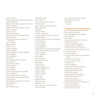 Susan E. Valerian                                 Shelley Weiss-Miller                        Rand J. Zeleznik and Cham H. Zeleznik
Andrew J. Valigursky and Kathleen A. Valigursky   Julie E. Weitzner                           Jennifer Rebecca Zuccarelli
Barbara M. Valuckas                               Gary J. Welch and Diana C. Welch            Lee M. Zurik
Michael J. Van Vranken and Lynn A. Vanderhoek     Thomas P. Welch                              *Deceased
Thomas J. Vangeloff                               Jerry S. Welcher and Nancy J. Welcher
Douglas W. Varney and Deborah S. Varney           Dawn L. Welch-Rich
Michele M. Vaughn                                 Jill K. Wells
                                                                                              CORPORATIONS AND FOUNDATIONS
                                                                                              Advance/Newhouse Communications Inc.
Donald J. Ventre                                  Thomas P. Werme
                                                                                              Americana Arts Foundation
Christopher K. Veronda                            Christine A. Werthman
                                                                                              Andrews McMeel Universal Foundation
Mark J. Verone and Dr. Rachelle D. Hardy          Dr. Craig D. Westin and Pamela D. Westin
                                                                                              Avon Products Inc.
Richard J. Vertucci                               Gerald D. Weston
                                                                                              Bloomberg LP
Edward V. Vienckowski and Beverley C.             Robert S. Westwood and Karen I. Westwood
                                                                                              Brioschi Pharmaceutical International LLC
    Vienckowski                                   Lara K. Westwood
                                                                                              CABLEready Corporation
Mark L. Vigliatura                                Thomas E. Weyand
                                                                                              Cablevision Systems Corporation
Madeleine Vilmos                                  S. McCorvie Wham
                                                                                              Carnegie Corporation of New York
Jennifer L. Voss                                  Bonnie W. Wheeler
                                                                                              Castalia Communications Corporation
Henderson D. Wade                                 Andrew D. White and Deborah Gelfand White
                                                                                              Central New York Community Foundation Inc.
Cynthia G. Wagner                                 Tom W. Whitford and Charlotte D. Grimes
                                                                                              Coca-Cola Company
Jeffrey C. Wakefield and Gail F. Wakefield        Stephen J. Wilkes
                                                                                              Comcast Corporation
Laura R. Walbert                                  Karin L. Wilkinson
                                                                                              The Community Foundation for Greater New
Diane Lebo Wallace                                John E. Willey                                  Haven
Tara K. Walsh                                     Eugene R. Wilson                            Conde Nast Publications Inc.
Brett M. Warren and Ellen F. Warren               Christopher H. Wilson                       Corcoran Family Foundation
Andrew E. Wasif                                   Marisa Wohl                                 Crossborders LLC
Mr. and Mrs. Sam Wasif                            Suzanne Wohl                                The Dana Foundation
Donald C. Waters                                  Dr. John K. Worden                          Deutsche Bank Americas Foundation
Daniel R. Watson                                  Robert H. Wotherspoon II                    Discovery Communications Inc.
Karen M. Watters                                  Richard L. Wright                           DMP Painting & Power Cleaning
Dr. Andrew S. Weber and Laury I. Weber            Stephen J. Yesner                           The Doescher Group Ltd.
Thomas D. Webster                                 Jennifer L. Yolasan                         Dorney-Koppel Family Foundation
Robert A. Weed and Nancy T. Weed                  James D. Yoo                                Drub-Induced Entertainment LLC
Richard W. Weeks and Elizabeth B. Weeks           Carol J. Young                              The Elvis Duran Group
Lisa M. Weidman                                   Kathleen M. Young                           Eric Mower and Associates Inc.
Mac D. Weinstein and Brooke H. Weinstein          Virginia B. Young                           Fairfield County Community Foundation Inc.
Debra G. Weinstein                                Robert B. Yunich                            The Feuerring Foundation
Ellen Y. Weir                                     James F. Zaccaria and Julia M. Zaccaria     Fidelity Charitable Gift Fund
Julie A. Weissenburger                            Richard M. Zeldes                           Fox Broadcasting Company



                                                                                                                                           39
 