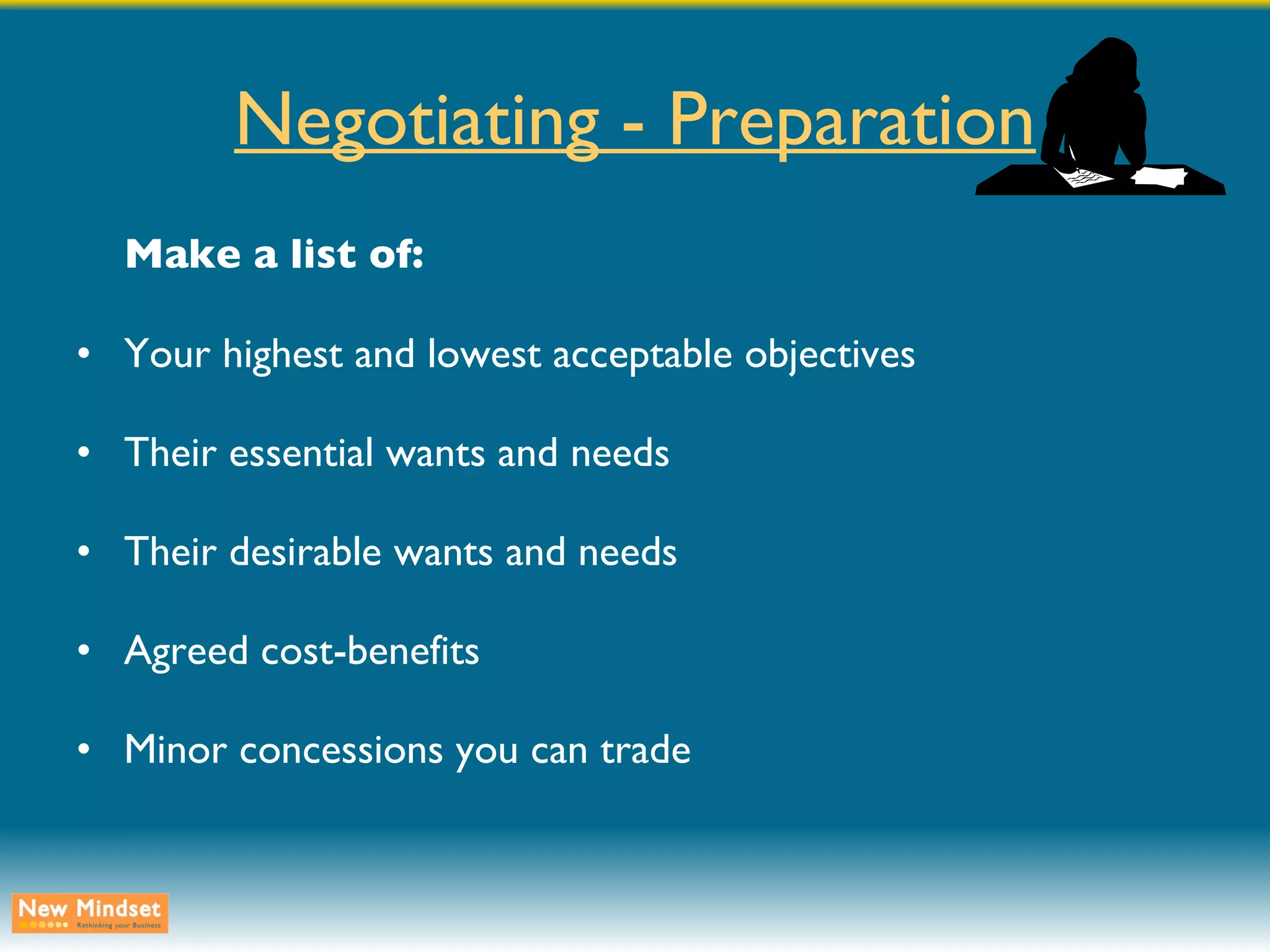 Negotiating - Preparation Make a list of: Your highest and lowest acceptable objectives Their essential wants and needs Their desirable wants and needs Agreed cost-benefits Minor concessions you can trade 