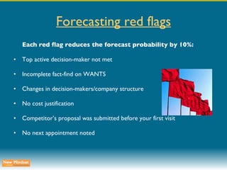 Forecasting red flags Each red flag reduces the forecast probability by 10%: Top active decision-maker not met Incomplete fact-find on WANTS Changes in decision-makers/company structure No cost justification Competitor’s proposal was submitted before your first visit No next appointment noted 