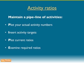Activity ratios Maintain a pipe-line of activities: P lot your actual activity numbers I nsert activity targets P lot current ratios E xamine required ratios 