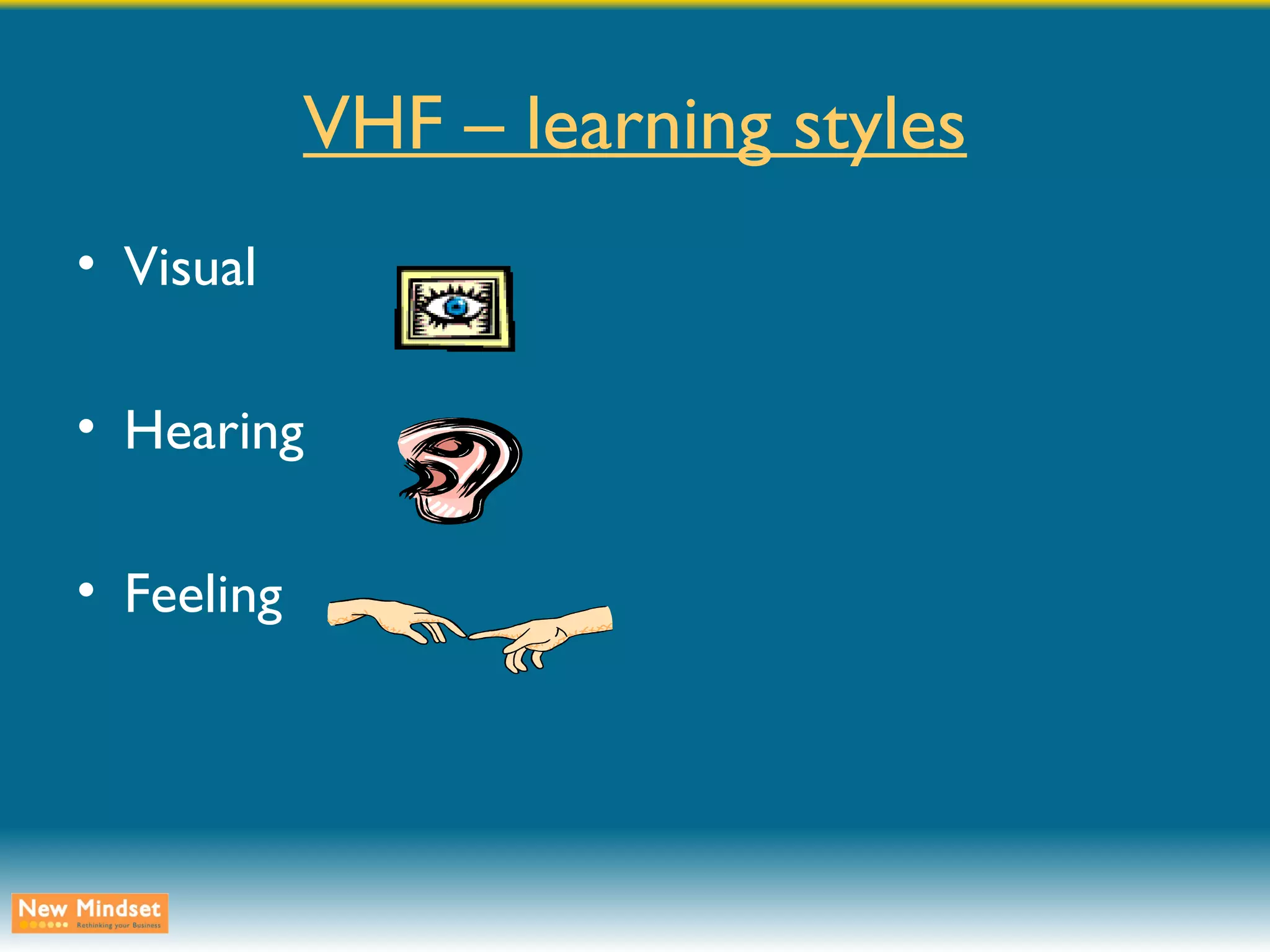 VHF – learning styles Visual Hearing Feeling 