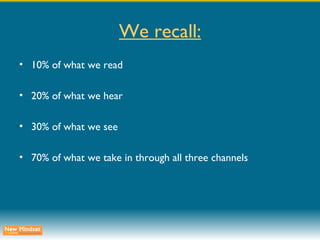 We recall: 10% of what we read 20% of what we hear 30% of what we see 70% of what we take in through all three channels 