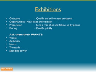 Exhibitions Objective - Qualify and sell to new prospects Opportunities - New leads and visibility Preparation - Send a mail shot and follow up by phone During - Qualify quickly Ask them their WANTS: Wants Authority Needs Timescale Spending power 