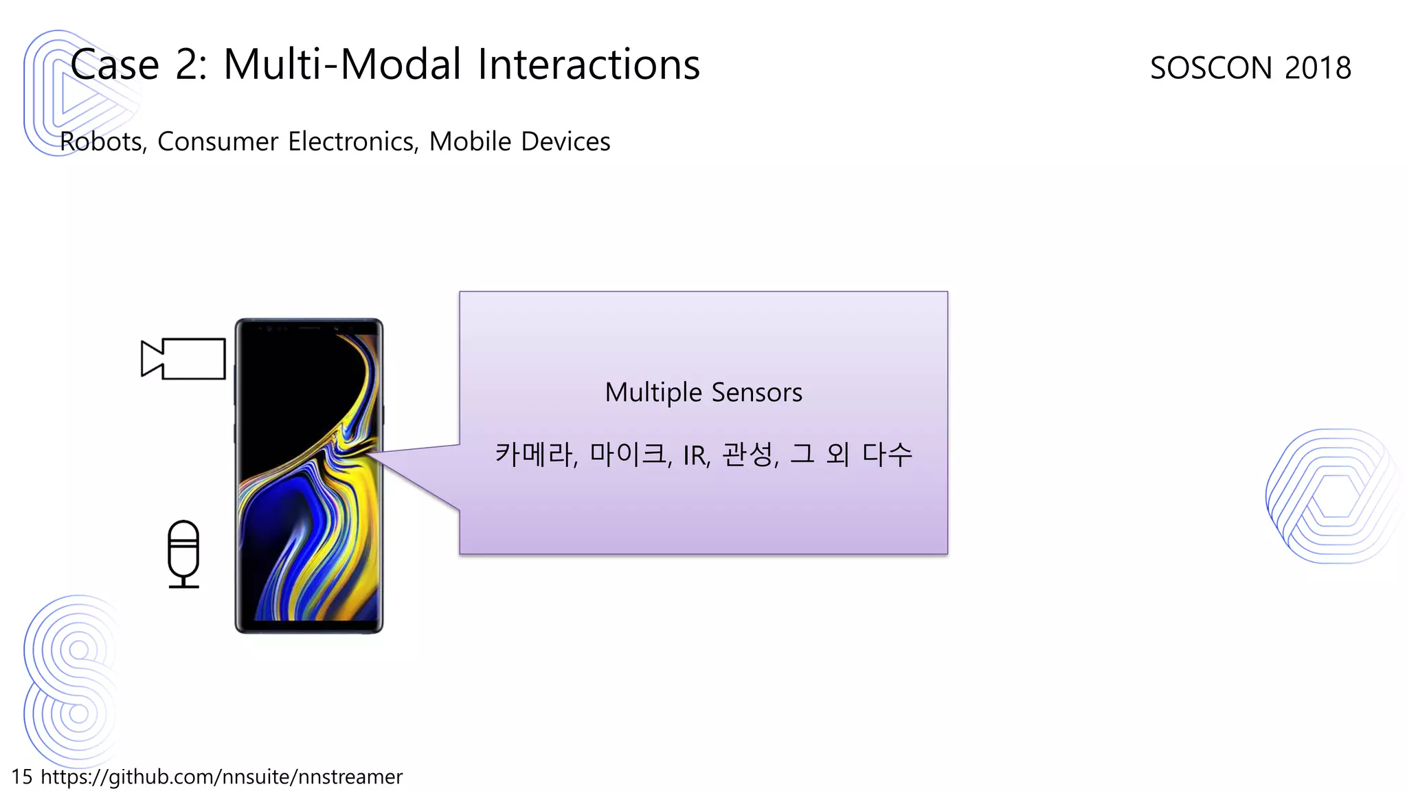 15 https://github.com/nnsuite/nnstreamer
SOSCON 2018
Robots, Consumer Electronics, Mobile Devices
Case 2: Multi-Modal Interactions
Multiple Sensors
카메라, 마이크, IR, 관성, 그 외 다수
 