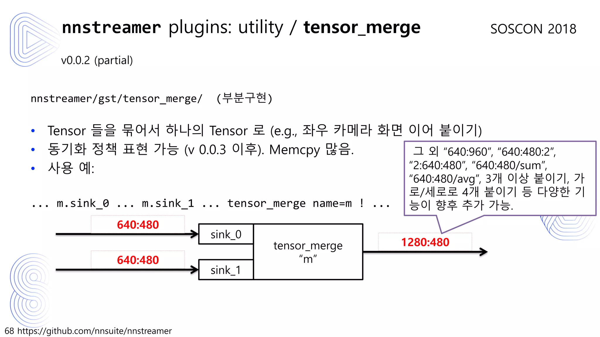 68 https://github.com/nnsuite/nnstreamer
SOSCON 2018
v0.0.2 (partial)
nnstreamer/gst/tensor_merge/ (부분구현)
• Tensor 들을 묶어서 하나의 Tensor 로 (e.g., 좌우 카메라 화면 이어 붙이기)
• 동기화 정책 표현 가능 (v 0.0.3 이후). Memcpy 많음.
• 사용 예:
... m.sink_0 ... m.sink_1 ... tensor_merge name=m ! ...
nnstreamer plugins: utility / tensor_merge
tensor_merge
“m”
sink_0
sink_1
640:480
640:480
1280:480
그 외 “640:960”, “640:480:2”,
“2:640:480”, “640:480/sum”,
“640:480/avg”, 3개 이상 붙이기, 가
로/세로로 4개 붙이기 등 다양한 기
능이 향후 추가 가능.
 