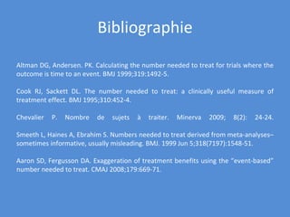 Bibliographie Altman DG, Andersen. PK. Calculating the number needed to treat for trials where the outcome is time to an event. BMJ 1999;319:1492-5. Cook RJ, Sackett DL. The number needed to treat: a clinically useful measure of treatment effect. BMJ 1995;310:452­4. Chevalier P. Nombre de sujets à traiter. Minerva 2009; 8(2): 24-24. Smeeth L, Haines A, Ebrahim S. Numbers needed to treat derived from meta-analyses–sometimes informative, usually misleading. BMJ. 1999 Jun 5;318(7197):1548-51. Aaron SD, Fergusson DA. Exaggeration of treatment benefits using the “event-based” number needed to treat. CMAJ 2008;179:669-71. 