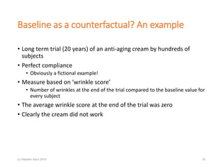 Baseline as a counterfactual? An example
• Long term trial (20 years) of an anti-aging cream by hundreds of
subjects
• Perfect compliance
• Obviously a fictional example!
• Measure based on ‘wrinkle score’
• Number of wrinkles at the end of the trial compared to the baseline value for
every subject
• The average wrinkle score at the end of the trial was zero
• Clearly the cream did not work
(c) Stephen Senn 2018 25
 