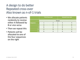 A design to do better
Repeated cross-over
Also known as n-of-1 trials
• We allocate patients
randomly to receive
either A followed by
B or vice versa
• Then we repeat this
• Patients will be
allocated to one of
the four sequences
on the right
(c) Stephen Senn 2018 34
 