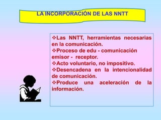 LA INCORPORACIÓN DE LAS NNTT



    Las NNTT, herramientas necesarias
    en la comunicación.
    Proceso de edu - comunicación
    emisor - receptor.
    Acto voluntario, no impositivo.
    Desencadena en la intencionalidad
    de comunicación.
    Produce una aceleración de la
    información.
 