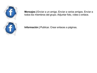 Mensajes | Enviar a un amigo. Enviar a varios amigos. Enviar a
todos los miembros del grupo. Adjuntar foto, vídeo o enlace.




Información | Publicar. Crear enlaces a páginas.
 