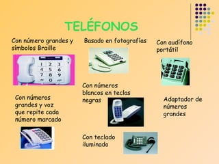 TELÉFONOS
Con número grandes y
símbolos Braille

Con números
grandes y voz
que repite cada
número marcado

Basado en fotografías

Con números
blancos en teclas
negras

Con teclado
iluminado

Con audífono
portátil

Adaptador de
números
grandes

 