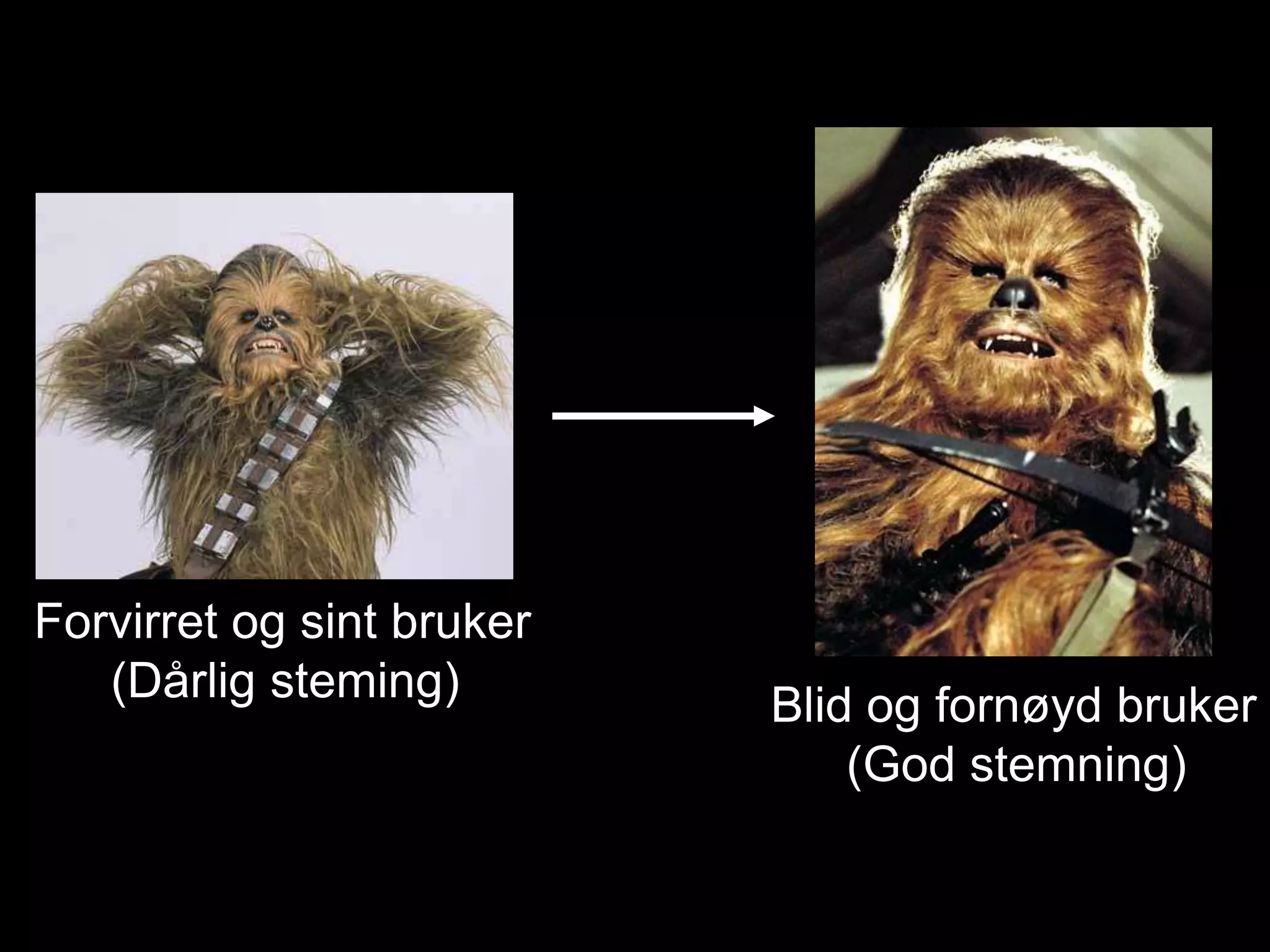 Forvirret og sint bruker
   (Dårlig steming)        Blid og fornøyd bruker
                               (God stemning)
 