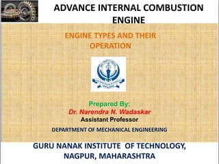 ADVANCE INTERNAL COMBUSTION
ENGINE
ENGINE TYPES AND THEIR
OPERATION
Prepared By:
Dr. Narendra N. Wadaskar
Assistant Professor
DEPARTMENT OF MECHANICAL ENGINEERING
GURU NANAK INSTITUTE OF TECHNOLOGY,
NAGPUR, MAHARASHTRA
 