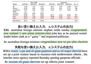 良い言い換え(I:入力，A:システムの出力)
失敗な言い換え(I:入力，A:システムの出力)
 