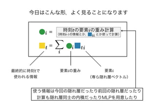 今日はこんな形，よく見ることになります
=
=
i
i
i
t
時刻tの要素iの重み計算
（時刻t-1の情報とか，   とか使って計算）ti
要素iの重み 要素i
（専ら隠れ層ベクトル）
最終的に時刻tで
使われる情報
it
使う情報は今回の隠れ層だったり前回の隠れ層だったり
計算も隠れ層同士の内積だったりMLPを用意したり
 