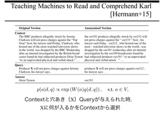 Teaching Machines to Read and Comprehend Karl
[Hermann+15]
Contextと穴あき（X）Queryが与えられた時，
Xに何が入るかをContextから選択
 