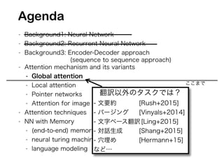 - Background1: Neural Network
- Background2: Recurrent Neural Network
- Background3: Encoder-Decoder approach
(sequence to sequence approach)
- Attention mechanism and its variants
- Global attention
- Local attention
- Pointer networks
- Attention for image (image caption generation)
- Attention techniques
- NN with Memory
- (end-to-end) memory networks
- neural turing machine
- language modeling
翻訳以外のタスクでは？
- 文要約 [Rush+2015]
- パージング [Vinyals+2014]
- 文字ベース翻訳[Ling+2015]
- 対話生成 [Shang+2015]
- 穴埋め [Hermann+15]
など…
Agenda
ここまで
 