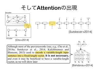 そしてAttentionの出現
[Cho+2014]
[Sutskever+2014]
[Bahdanau+2014]
Although most of the previousworks (see, e.g., Cho et al.,
2014a; Sutskever et al., 2014; Kalchbrenner and
Blunsom, 2013) used to encode a variable-length input
sentence into a fixed-length vector, it is not necessary,
and even it may be beneficial to have a variable-length
vector, as we will show later
 