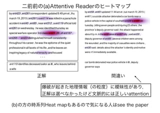 (b)の方の時系列Heat mapもあるので気になる人はsee the paper
正解 間違い
爆破が起きた地理情報（の粒度）に曖昧性があり，
正解は選べなかったけど文脈的には正しいattention
二前前の(a)Attentive Readerのヒートマップ
 