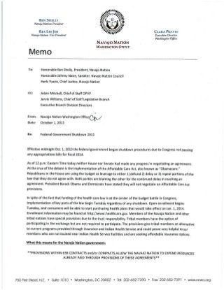 NNWO Memo to Navajo Leadership Regarding Federal Government Shutdown Impacts to the Navajo Nation 10.01.2013