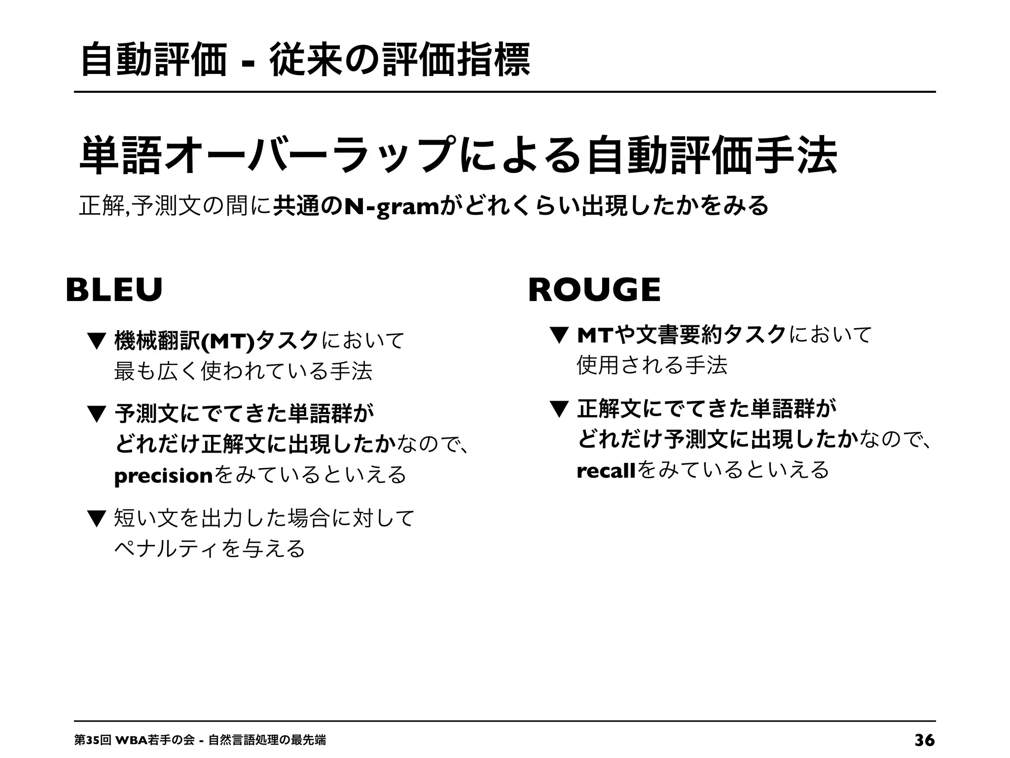 3635 WBA -
-
BLEU ROUGE
(MT)
precision
MT
recall
, N-gram
 