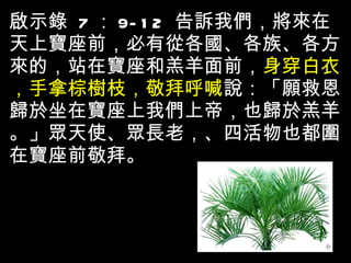 啟示錄  7 ： 9-12  告訴我們，將來在天上寶座前，必有從各國、各族、各方來的，站在寶座和羔羊面前， 身穿白衣，手拿棕樹枝，敬拜呼喊 說：「願救恩歸於坐在寶座上我們上帝，也歸於羔羊。」眾天使、眾長老，、四活物也都圍在寶座前敬拜。 