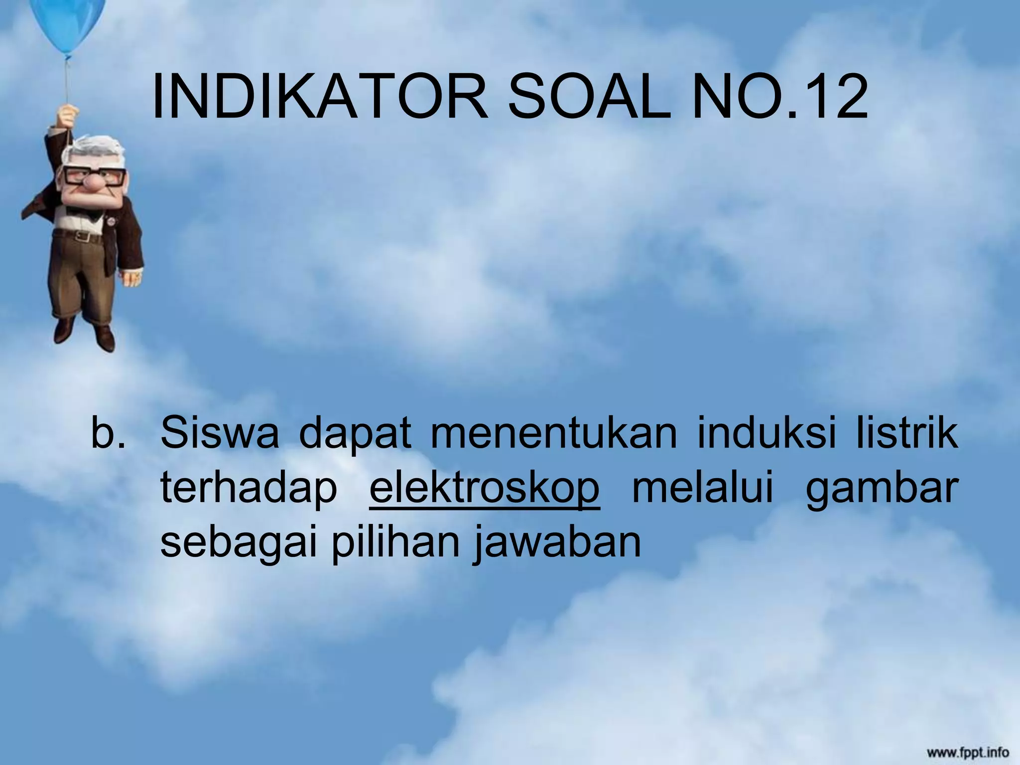 INDIKATOR SOAL NO.12
b. Siswa dapat menentukan induksi listrik
terhadap elektroskop melalui gambar
sebagai pilihan jawaban