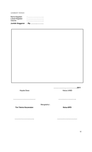52
GAMBAR TEKNIS
Nama Kegiatan : ………………………..
Lokasi Kegiatan : ………………………..
Volume : ………………………..
Jumlah Anggaran : Rp. ………..…………
…………………, ………………..2011
Kepala Desa Ketua LKMD
…………………………………. …………………………..
Tim Teknis Kecamatan
Mengetahui :
Ketua BPD
…………………………….. ………………………………
 