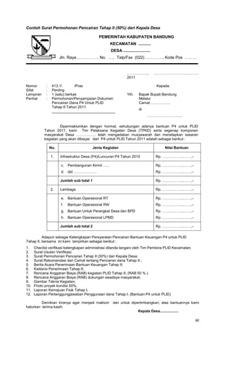 60
Contoh Surat Permohonan Pencairan Tahap II (50%) dari Kepala Desa
…………….., ……………………………….
2011
Nomor : 413.1/ /Pras Kepada
Sifat : Penting
Lampiran : 1 (satu) berkas Yth. Bapak Bupati Bandung
Perihal : Permohonan/Penyampaian Dokumen Melalui
Camat …………….Pencairan Dana P4 Untuk PLID
Tahap II Tahun 2011
di
………………………..
_______________________________
Dipermaklumkan dengan hormat, sehubungan adanya bantuan P4 untuk PLID
Tahun 2011, kami Tim Pelaksana Kegiatan Desa (TPKD) serta segenap komponen
masyarakat Desa ……………. telah mengadakan musyawarah dan menetapkan sasaran
kegiatan yang akan dibiayai dari P4 untuk PLID Tahun 2011 adalah sebagai berikut :
No. Jenis Kegiatan Nilai Bantuan
1. Infrastruktur Desa (P4)/Luncuran P4 Tahun 2010 Rp. ……………...……,-
c. Pembangunan Kirmir …..
d. dst ……………….
Rp. ……………...……,-
Rp. ……………...……,-
Jumlah sub total 1 Rp. ……………...……,-
2. Lembaga Rp. ……………...……,-
e. Bantuan Operasional RT
f. Bantuan Operasional RW
g. Bantuan Untuk Perangkat Desa dan BPD
h. Bantuan Operasional LPMD
Rp. ……………...……,-
Rp. ……………...……,-
Rp. ……………...……,-
Rp. ……………...……,-
Jumlah sub total 2 Rp. ……………...……,-
Adapun sebagai Kelengkapan Persyaratan Pencairan Bantuan Keuangan P4 untuk PLID
Tahap II, bersama ini kami lampirkan sebagai berikut :
1. Checlist verifikasi kelengkapan administrasi ditanda tangani oleh Tim Pembina PLID Kecamatan;
2. Surat Usulan Verifikasi;
3. Surat Permohonan Pencairan Tahap II (50%) dari Kepala Desa;
4. Surat Rekomendasi dari Camat tentang Pencairan dana Tahap II ;
5. Berita Acara Penerimaan Bantuan Keuangan Tahap II;
6. Kwitansi Penerimaan Tahap II;
7. Rencana Anggaran Biaya (RAB) kegiatan PLID Tahap II; (RAB 50 % )
8. Rencana Anggaran Biaya (RAB) dukungan swadaya masyarakat;
9. Gambar Teknis Kegiatan;
10. Fhoto proyek kondisi 50%;
11. Laporan Kemajuan Fisik Tahap I;
12. Laporan Pertanggungjawaban Penggunaan dana Tahap I; (Bantuan P4 untuk PLID)
Demikian kiranya agar menjadi maklum dan untuk dipertimbangkan, atas bantuannya kami
haturkan terima kasih.
Kepala Desa..................
PEMERINTAH KABUPATEN BANDUNG
KECAMATAN ...........
DESA ........................
Jln. Raya ……………. No. ….. Telp/Fax (022) ………….. Kode Pos ………
 