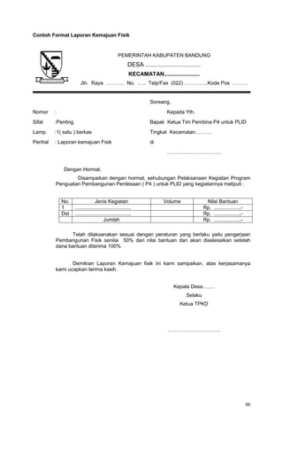 66
Contoh Format Laporan Kemajuan Fisik
Soreang,
Nomor : Kepada Yth.
Sifat :Penting Bapak Ketua Tim Pembina P4 untuk PLID
Lamp. :1( satu ) berkas Tingkat Kecamatan……….
Perihal : Laporan kemajuan Fisik di
…………………………..
Dengan Hormat,
Disampaikan dengan hormat, sehubungan Pelaksanaan Kegiatan Program
Penguatan Pembangunan Perdesaan ( P4 ) untuk PLID yang kegiatannya meliputi :
No. Jenis Kegiatan Volume Nilai Bantuan
1 ........................................ Rp. ..................,-
Dst ........................................ Rp. ..................,-
Jumlah Rp. ..................,-
Telah dilaksanakan sesuai dengan peraturan yang berlaku yaitu pengerjaan
Pembangunan Fisik senilai 50% dari nilai bantuan dan akan diselesaikan setelah
dana bantuan diterima 100%
Demikian Laporan Kemajuan fisik ini kami sampaikan, atas kerjasamanya
kami ucapkan terima kasih.
Kepala Desa…….
Selaku
Ketua TPKD
………………………….
PEMERINTAH KABUPATEN BANDUNG
DESA .................................
KECAMATAN.......................
Jln. Raya ……….. No. ….. Telp/Fax (022) …………..Kode Pos ………
 