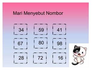 Mari Menyebut Nombor

34

59

41

67

80

98

28

72

16

 