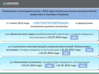 Изменения в законодательстве с 2013 года касательно рынка альтернативной
энергетики и топлива в Украине.
С 1 июля 2013 года

отношении должна составлять:

в процентном

для объектов всех видов возобновляемой энергетики, которые введены вв
для объектов всех видов возобновляемой энергетики, которые введены
эксплуатацию вв01.07.2013 года -- 15%
эксплуатацию 01.07.2013 года
для солнечных электростанций, ветроэлектростанций, биомассовых
для солнечных электростанций, ветроэлектростанций, биомассовых
установок, которые введены ввэксплуатацию сс01.07.2013 года -установок, которые введены эксплуатацию 01.07.2013 года
50% ,,
сс01.07.2014 года -- 30%
01.07.2014 года
для биогазовых установок, которые будут введены ввэксплуатацию
для биогазовых установок, которые будут введены эксплуатацию
сс01.01.2014 года -- 30% , ,сс01.01.2015 года -- 50%
01.01.2014 года
01.01.2015 года

 