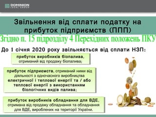 Звільнення від сплати податку на
прибуток підприємств ( ППП )
До 1 січня 2020 року звільняється від сплати НЗП :
прибуток виробників біопалива , ,
прибуток виробників біопалива
отриманий від продажу біопалива; ;
отриманий від продажу біопалива
прибуток підприємств , ,отриманий ними від
прибуток підприємств отриманий ними від
діяльності ззодночасного виробництва
діяльності одночасного виробництва
електричної і і теплової енергії та // або
електричної теплової енергії та або
теплової енергії зз використанням
теплової енергії використанням
біологічних видів палива ; ;
біологічних видів палива
прибуток виробників обладнання для ВДЕ , ,
прибуток виробників обладнання для ВДЕ
отримана від продажу обладнання та обладнання
отримана від продажу обладнання та обладнання
для ВДЕ, ,вироблених на території України. .
для ВДЕ вироблених на території України

 