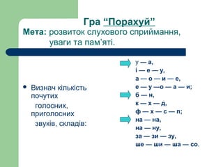 Гра “Порахуй”
Мета: розвиток слухового сприймання, 
           уваги та пам’яті.
 
 Визнач кількість 
почутих
      голосних, 
приголосних 
      звуків, складів:
          у — а,
і — е — у,
а — о — и — е,
е — у —о — а — и;
б — н,
к — х — д,
ф — х — с — п;
на — на,
на — ну,
за — зи — зу,
ше — ши — ша — со.
 