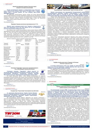 30 Запрошуємо Вас до співпраці: авторів, рекламодавців, розповсюджувачів >>> Відділ реклами: (044) 235-51-11; +38 096-158-13-61; maruschuk.a@gmail.com 
 ВОДНИЙ ТРАНСПОРТ 
 ІНФРАСТРУКТУРА 
Новый контейнерный терминал Одесского порта 
запущен в тестовую эксплуатацию 
11.09.2014 
Новый контейнерный терминал на Карантинном молу Одесского порта, строительство которого было начато 10 апреля 2010 г., принял первое судно в тестовом режиме. Об этом сообщает пресс-служба Мининфраструктуры. 
По информации Администрации морских портов, для начала функционирования первой очереди терминала получены необходимые разрешительные документы. По итогам тестового захода судна будет определена дата официального открытия первой очереди терминала. Отметим, стоимость проекта составляет более 5 млрд. грн. Пропускная способность первой очереди терминала составит ≈ 600 тыс. TEU в год. 
Подробнее >>> 
По материалам rbc.ua 
Морпорты Украины увеличили грузоперевалку на 7,1% 
12.09.2014 
Морские порты континентальной части Украины в январе-августе 2014 года перевалили 91,226 млн тонн грузов, что на 7,1% превышает результат аналогичного периода 2013 года. 
Как сообщила пресс-служба Администрации морских портов Украины (АМПУ), объем грузоперевалки в морских портах континентальной части Украины в августе увеличился на 6,6% - до 12,615 млн тонн. За восемь месяцев 2014 года перевалка экспортных грузов выросла на 15,7% - до 66,259 млн тонн, импортных - сократилась на 15,5% - до 9,644 млн тонн, транзитных -сократилась на 3,6% - до 14,459 млн тонн. Перевалка грузов во внутреннем сообщении сократилась на 41,8% - до 863,39 тыс. тонн. Перевалка контейнеров за отчетный период сократилась на 11,2% - до 450,4711 тыс. TEU. 
Данные по перевалке грузов по портам в январе-августе 2014 года 
Январь-август 2013г, тыс. т 
Январь-август 2014г, тыс. т 
в% январь-август 2014г к январю- августу 2013 г. 
"Южный" 
28 183,65 
30 072,09 
106,7 
Одесский 
13 996,03 
15 650,96 
111,8 
Николаевский 
12 165,70 
13 233,67 
108,8 
Ильичевский 
10 172,84 
10 710,46 
105,3 
Мариупольский 
9 603,54 
9 712,45 
101,1 
"Октябрьск" 
3 436,21 
4 460,80 
129,8 
Херсонский 
2 485,16 
2 300,46 
92,6 
Измаильский 
1 618,90 
2 014,42 
124,4 
Бердянский 
1 222,90 
1 518,30 
124,2 
Ренийский 
1 584,70 
1 068,64 
67,4 
Белгород-Днестровский 
505,13 
403,09 
79,8 
Скадовский 
169,80 
43,88 
25,8 
"Усть-Дунайск" 
7,00 
36,65 
523,6 
Всего 
85 151,56 
91 225,87 
107,1 
Подробнее >>> 
По материалам delo.ua 
 ПЕРЕВІЗНИКИ 
Компания "Укрречфлот" предлагает переориентировать 
часть контейнерного грузопотока на реку 
11.09.2014 
Судоходная компания "Укрречфлот" (Киев) надеется на увеличение объемов перевозок контейнеров по Днепру. Об этом заявил исполняющий обязанности гендиректора компании Дмитрий Москаленко в Одессе на "Черноморском контейнерном саммите 2014". 
По словам Москаленко, Днепр - очень хорошая альтернатива для перевозки контейнеров. Компания раньше уже успешно возила импортные контейнеры в порты и в ближайшем будущем может возобновить такую деятельность. "Укрречфлот" предлагает переориентировать часть контейнерного грузопотока на реку. На сегодня у нас есть два судна, которые могут перевозить контейнеры. Но мы готовы переориентировать еще 5-6 судов аналогичного класса в течение нескольких недель, если будет грузопоток", - отметил Москаленко. 
Подробнее >>> 
По материалам cfts.org.ua 
 ЗАЛІЗНИЧНИЙ ТРАНСПОРТ 
 ІНФРАСТРУКТУРА. ПЕРЕВІЗНИКИ 
Гендиректора "Укрзалізниці" відсторонили від обов'язків 
08.09.2014 
За дорученням Прем’єр-міністра України Арсенія Яценюка розпочата перевірка фінансово-господарської діяльності Державної адміністрації залізничного транспорту України (Укрзалізниці), повідомили УНН у прес-службі Уряду. 
Від правоохоронних органів надійшла інформація про можливі зловживання у фінансово-господарській діяльності та факти корупції в системі Укрзалізниці. У зв’язку із цим, за дорученням Глави Уряду України створена відомча комісія Міністерства інфраструктури України, до роботи якої залучені представники управління, відповідального за здійснення антикорупційної політики у Секретаріаті Кабінету Міністрів. На час перевірки відсторонений від виконання обов’язків генеральний директор Державної адміністрації залізничного транспорту України Борис Остапюк. 
Детальніше >>> 
За матеріалами unn.com.ua 
----------------- ® ------------------------------------------------------------------------------------------------------------------------ 
----------------- натисніть на зображення та перейдіть на відповідний сайт ↺ --------------------------------------- 
ТУТ МОЖЕ БУТИ ВАША РЕКЛАМА Відділ реклами: 096-158-13-61; maruschuk.a@gmail.com 
Акционирование “Укрзализныци” займет полтора-два года 
13.09.2014 
Процесс консолидации всех предприятий Государственной администрации железнодорожного транспорта Украины (”Укрзализныци”) в одно акционерное общество может занять от полутора до двух лет, сообщил первый заместитель генерального директора “Укрзализныци” Максим Бланк, пишет Интерфакс-Украина. 
“Первый этап реформирования “Укрзализныци” будет проходить на протяжении полутора-двух лет. Его суть достаточно проста - это консолидировать все предприятия администрации, а их более сотни, в одно акционерное общество со 100% собственностью государства. Без всякого размытия доли, без ближайших планов на привлечение капитала, за исключением долгового”, - сказал он, выступая на XVII Международном форуме участников рынка капитала в Одессе, организованном фондовой биржей ПФТС. При этом, в ответ на уточняющий вопрос не является ли акционирование “Укрзализныци” первым шагом к приватизации предприятия, М.Бланк возразил, что в ближайшее время такого вопроса в повестке дня нет, ни относительно полной, ни частичной приватизации. Как сообщалось, подписанный 15 марта 2012 года главой государства закон “Об особенностях создания государственного акционерного общества железнодорожного транспорта общего пользования” создал необходимую законодательную основу для реформирования железных дорог. Кабинет министров Украины на заседании в среду, 25 июня 2014 года, утвердил постановление о создании акционерного общества железнодорожного транспорта. Согласно документу, предприятие предполагается создать в виде публичного акционерного общества, 100% акций которого закрепляются в собственности государства без права отчуждения. 
Новый субъект хозяйствования предлагается образовать путем слияния “Укрзализныци”, шести железных дорог, предприятий, учреждений и организаций железнодорожного транспорта общего пользования. Кроме того, в уставный капитал будут внесены акции, доли и паи, принадлежащие государству в компаниях, созданных при участии предприятий железнодорожного транспорта. Создание АО предлагается проводить в соответствии с госпрограммой реформирования ж/д транспорта путем формирования вертикально интегрированных структур по видам деятельности: грузовые перевозки, пассажирские перевозки во внутреннем и международном сообщении, пассажирские перевозки в пригородном и региональном сообщении, содержание и эксплуатация инфраструктуры, предоставление услуг локомотивной тяги, ремонт подвижного состава, строительство и ремонт объектов инфраструктуры, проведения научно-исследовательских и опытно- конструкторских работ, содержание социальной сферы и пр. С момента принятия указанного закона вопрос старта акционировния задерживался тем, что не было принято Кабинетом министров соответствующее постановление. В октябре 2013 года старший банкир Европейского банка реконструкции и развития (ЕБРР) Марк Магалецкий отмечал, что затягивание создания акционерного общества железнодорожного транспорта может сказаться на финансировании новых проектов со стороны ЕБРР. 
Подробнее >>> 
По материалам ukrrudprom.ua 
 ІТ & ТЕЛЕКОМУНІКАЦІЇ 
 GSM & CDMA 
Тарифы на мобильную связь в Украине за 8 месяцев 
"взлетели" сразу на 11,3% 
08.09.2014 
В течение января-августа 2014 года тарифы на мобильную связь выросли на 11,3% по сравнению с январем-августом 2013 года. Об этом сообщает Государственная служба статистики. 
По информации Госстатистики, в августе по сравнению с предыдущим месяцем и началом года тариф остался на том же уровне. Кроме того, в январе-августе нынешнего года увеличился тариф на междугородную и международную телефонную связь – на 0,3%, а на местную телефонную – на 5,6%. Напомним, в январе-августе 2013 года тариф на мобильную связь вырос на 15,5% по сравнению с аналогичным периодом 2012 года. 
Подробнее >>> 
По материалам news.finance.ua 
 ФІНАНСОВІ РИНКИ 
Названы проблемные банки, которые МВФ и НБУ 
решили спасать за счет государства 
09.09.2014 
По рекомендации экспертов МВФ, государство будет спасать только крупные банки, на что может быть потрачено 43 млрд грн в 2014-2015 гг. Как сообщается, МВФ требовал от Украины обязать всех собственников банков при необходимости проводить рекапитализацию. Но около половины владельцев финучреждений с недостаточным капиталом не готовы делать это за свой счет. Поэтому эксперты МВФ и сотрудники НБУ решились проводить рекапитализацию банков за счет государства. Как и в 2008-м. Впрочем, это крайний сценарий, которого МВФ старается избежать. 
В частности, выделяя второй транш, МВФ разрешил правительству на время действия программы stand-by потратить 2,8% ВВП (в т.ч. 0,8% ВВП в Фонд гарантирования вкладов физлиц) на финансирование банковского сектора. Кроме того, в октябре-декабре на нужды фонда и рекапитализации банков правительство может направить еще 23,5 млрд грн из бюджета. Исходя из расчетов получается, что МВФ разрешил правительству в этом году внести в капиталы банков 20,5 млрд грн. И еще до 22,5 млрд - в 2015-м. При этом государство будет спасать только крупные банки. А именно те, которые «весят» не менее 2% активов банковской системы. Или в которых находится не менее 2% депозитов всей банковской системы. По состоянию на 1 июля таких банков было лишь 13 по активам. Сред них украинские государственные «Ощадбанк» и «Укрэксимбанк»; российские государственные «Проминвестбанк», «Сбербанк России» и «ВТБ Банк», а также «Укрсоцбанк», «Райффайзен Банк Аваль» и «Альфа-банк», принадлежащие иностранным финансово-банковским группам. Кроме них, частные «Приватбанк» Игоря Коломойского, «Дельта Банк» Николая Лагуна, «Надра» Дмитрия Фирташа, ПУМб Рината Ахметова, «Финансы и кредит» Константина Жеваго. Исходя из размеров клиентских средств, к этой группе еще добавляются еще 3: Укрсиббанк и «Креди Агриколь», принадлежащие французам, а также VAB Олега Бахматюка. В случае возникновения проблем в других банках МВФ настоятельно рекомендует их незамедлительно хоронить. При этом вклады физлиц будут возмещаться через Фонд гарантирования вкладов. Депозиты акционеров, членов наблюдательного совета и руководства банков МВФ компенсировать запрещает. 
Подробнее >>> 
По материалам eizvestia.com 
 