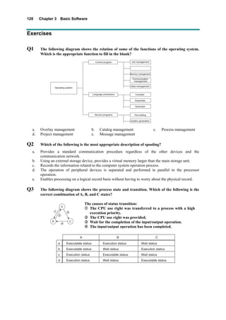 120 Chapter 3 Basic Software
Exercises
Q1 The following diagram shows the relation of some of the functions of the operating system.
Which is the appropriate function to fill in the blank?
Operating system
Control program Job management
Memory management
Communication
management
Data management
Compiler
Assembler
Generator
Text editing
System generation
Language processors
Service programs
a. Overlay management b. Catalog management c. Process management
d. Project management e. Message management
Q2 Which of the following is the most appropriate description of spooling?
a. Provides a standard communication procedure regardless of the other devices and the
communication network.
b. Using an external storage device, provides a virtual memory larger than the main storage unit.
c. Records the information related to the computer system operation process.
d. The operation of peripheral devices is separated and performed in parallel to the processor
operation.
e. Enables processing on a logical record basis without having to worry about the physical record.
Q3 The following diagram shows the process state and transition. Which of the following is the
correct combination of A, B, and C states?
B C
A
1
2
3
4
The causes of status transition:
The CPU use right was transferred to a process with a high
execution priority.
The CPU use right was provided.
Wait for the completion of the input/output operation.
The input/output operation has been completed.
a
b
c
d
Executable status
Executable status
Execution status
Execution status
Execution status
Wait status
Executable status
Wait status
Wait status
Execution status
Wait status
Executable status
A B C
 