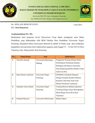 PANITIA SOCIAL EDUCATIONAL CAMP (SEC)
BADAN EKSEKUTIF MAHASISWA FAKULTAS ILMU PENDIDIKAN
UNIVERSITAS NEGERI SEMARANG
Sekretariat:PKM FIP Unnes, Gunungpati, Semarang
Hp. 089630125678 (Ka. Panitia), Web:bemfip.unnes.ac.id
No : 09/Pa. SEC/BEM FIP/VI/2015
Hal : Surat Keputusan
Assalamualaikum Wr. Wb
Berdasarkan hasil penjurian Social Educational Camp dalam serangkaian acara Bulan
Pendidikan yang dilaksanakan oleh BEM Fakultas Ilmu Pendidikan Universitas Negeri
Semarang, dinyatakan bahwa nama-nama dibawah ini adalah 10 finalis yang akan melakukan
pengabdian serta presentasi hasil implementasi gagasan, pada tanggal 12 – 14 Juni 2015 di Desa
Tinjomoyo, Kec. Banyumanik, Kota Semarang :
No. Nama Ketua Asal Judul Karya
1. Vita Dwi Susanti Universitas Brawijaya
Malang
Penggunaan Wayang Sebagai Media
Pembelajaran Pembentuk Karakter
Berbudaya Dan Berjiwa Nasionalis
Serta Pendorong Berfikir Mandiri Untuk
Anak Usia Dini
2. Intan Pritasari Andriyani Universitas Negeri
Semarang
GONDOLA (Goeboek Dolanan)
Sebagai Pemantik Karakter Berbasis
Kearifan Lokal Pada Anak-Anak
Melalui Permainan Tradisional
3. Jauhandri Arizal Ahmad Universitas Negeri
Semarang
Training Motivasi Berbasis Quantum
Teaching Sebagai Upaya Meningkatkan
Minat Belajar Siswa SD di Desa
Tinjomoyo
4. Endang Wahyurini Universitas Mulawarman Markas Impian
7 Juni 2015
 