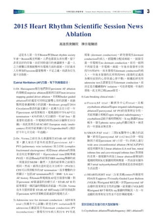 Taiwan Heart Rhythm Society 104 6VOL.018 3THRS
2015 Heart Rhythm Scientific Session News
Ablation
Boston heart rhythm society
Boston
sessions
atrial brillation (AF)
1) Dr. Haissaguerre persistent AF ablation
stepwise ablation non-invasive
mapping guided driver ablation basket guided
ablation
Bordeaux group 2014
Circulation
persistent AF 75%AF
termination 83% AF free
( 65 35
) AFACART European study (multi-
centers) reproducible (
)
2) Dr. Verma STAR-AF II
persistent AF
PVI (pulmonary vein isolation) CFE (complex
fractionated electrograms) linear ablation
PVI procedural time
PVI study HRS meeting
NEJM
PVI
CFE AF termination
AF termination BMI LA size
AF history female AF
persistent AF STAR-AF II
Dr. Verma
STAR-AF III study
persistent AF
3) Adenosine test for dormant conduction ADVICE
trial ( ) PV isolation
adenosine dormant conduction (PV
reconduction) 53% 21% PV
(dormant conduction) dormant
conduction
no dormant conduction
71% 45% dormant conduction
59% (
)
adenosine test dormant conduction
PV isolation
Lancet
4) Late-breaking clinical trials
a) FreezeAF trial trial
cryoballoon ablation open irrigated radiofrequency
ablation paroxysmal AF PVI
open irrigated radiofrequency
cryoballoon X-ray dose
phrenic nerve palsy
b) SMAN-PAF trial UK
paroxysmal AF (>12 hrs)
persistent AF ( )
wide area circumferential ablation (WACA) PVI
linear ablation (LA roof line, mitral
isthmus line and cavo-tricuspid isthmus line)
linear abation
X
atrial tachyarrhythmia
c) HEARTLIGHT trial 21 centers
FDA approve visually-Guided Laser Balloon
(VGLB) irrigated RF paroxysmal AF
VGLB
irrigated RF X ray
1) Cryoballoon ablation radiofrequency (RF) ablation
 