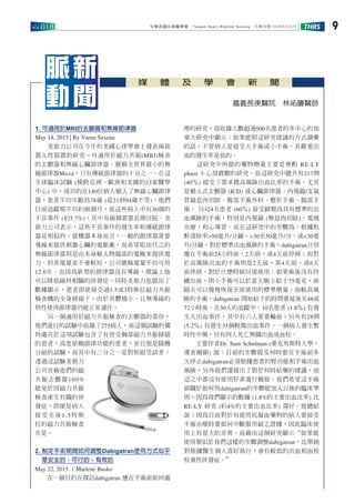 Taiwan Heart Rhythm Society 104 6VOL.018 9THRS
1. MRI
May 14, 2015 | By Varun Saxena
(MRI)
Micra
( 23
) 140
78 ( 21 94 )
30
( 5.7%)
12.6
1.5 3
275
100%
1.5
2. Dabigatran
May 22, 2015 Marlene Busko
dabigatran
500
RE-LY
phase 3 217
(40 )
(ICD) /
324 (60 )
( )
>50 / >30 50 / <30
/ dabigatran
24 2 4
2 4 6
75
dabigatran 48
72 30 10 (1.8 )
28
(5.2 ) 35
Dr. Sam Schulman (
)
dabigatran
dabigatran
(1.8% )
RE-LY ( 4% )
dabigatran
 