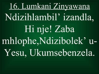 16. Lumkani Zinyawana
Ndizihlambil’ izandla,
    Hi nje! Zaba
mhlophe,Ndizibolek’ u-
Yesu, Ukumsebenzela.
 