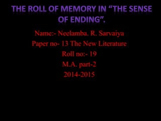 Name:- Neelamba. R. Sarvaiya
Paper no- 13 The New Literature
Roll no:- 19
M.A. part-2
2014-2015
 