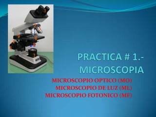 MICROSCOPIO OPTICO (MO)
MICROSCOPIO DE LUZ (ML)
MICROSCOPIO FOTONICO (MF)
 