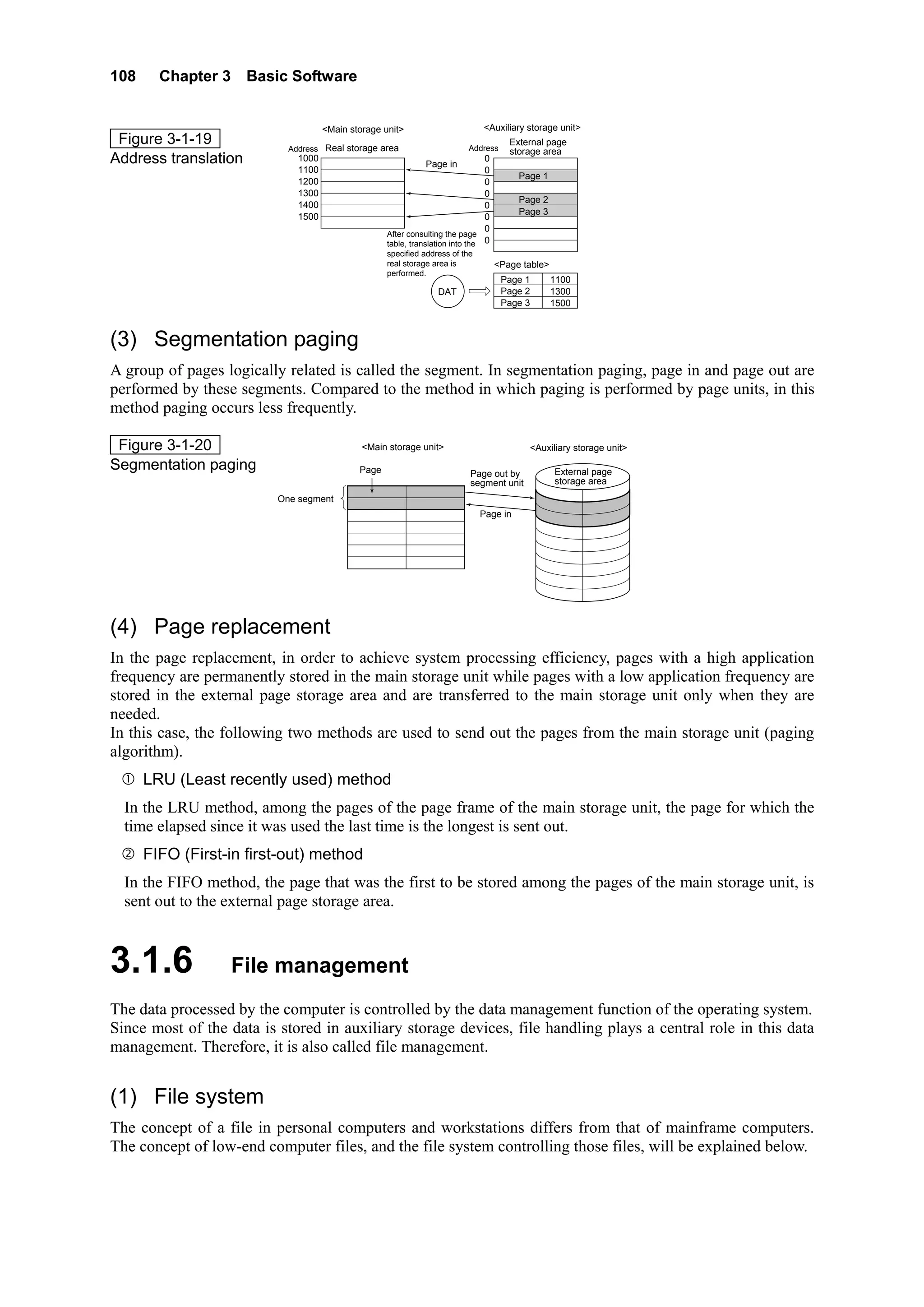 108 Chapter 3 Basic Software
Figure 3-1-19
Address translation
External page
storage area
<Auxiliary storage unit><Main storage unit>
Page in
After consulting the page
table, translation into the
specified address of the
real storage area is
performed.
0
0
0
0
0
0
0
0
Page 1
Page 2
Page 3
Real storage area
<Page table>
Page 1
DAT Page 2
Page 3
Address
1000
1100
1200
1300
1400
1500
1100
1300
1500
Address
(3) Segmentation paging
A group of pages logically related is called the segment. In segmentation paging, page in and page out are
performed by these segments. Compared to the method in which paging is performed by page units, in this
method paging occurs less frequently.
Figure 3-1-20
Segmentation paging Page out by
segment unit
One segment
External page
storage area
<Auxiliary storage unit><Main storage unit>
Page in
Page
(4) Page replacement
In the page replacement, in order to achieve system processing efficiency, pages with a high application
frequency are permanently stored in the main storage unit while pages with a low application frequency are
stored in the external page storage area and are transferred to the main storage unit only when they are
needed.
In this case, the following two methods are used to send out the pages from the main storage unit (paging
algorithm).
LRU (Least recently used) method
In the LRU method, among the pages of the page frame of the main storage unit, the page for which the
time elapsed since it was used the last time is the longest is sent out.
FIFO (First-in first-out) method
In the FIFO method, the page that was the first to be stored among the pages of the main storage unit, is
sent out to the external page storage area.
3.1.6 File management
The data processed by the computer is controlled by the data management function of the operating system.
Since most of the data is stored in auxiliary storage devices, file handling plays a central role in this data
management. Therefore, it is also called file management.
(1) File system
The concept of a file in personal computers and workstations differs from that of mainframe computers.
The concept of low-end computer files, and the file system controlling those files, will be explained below.
 