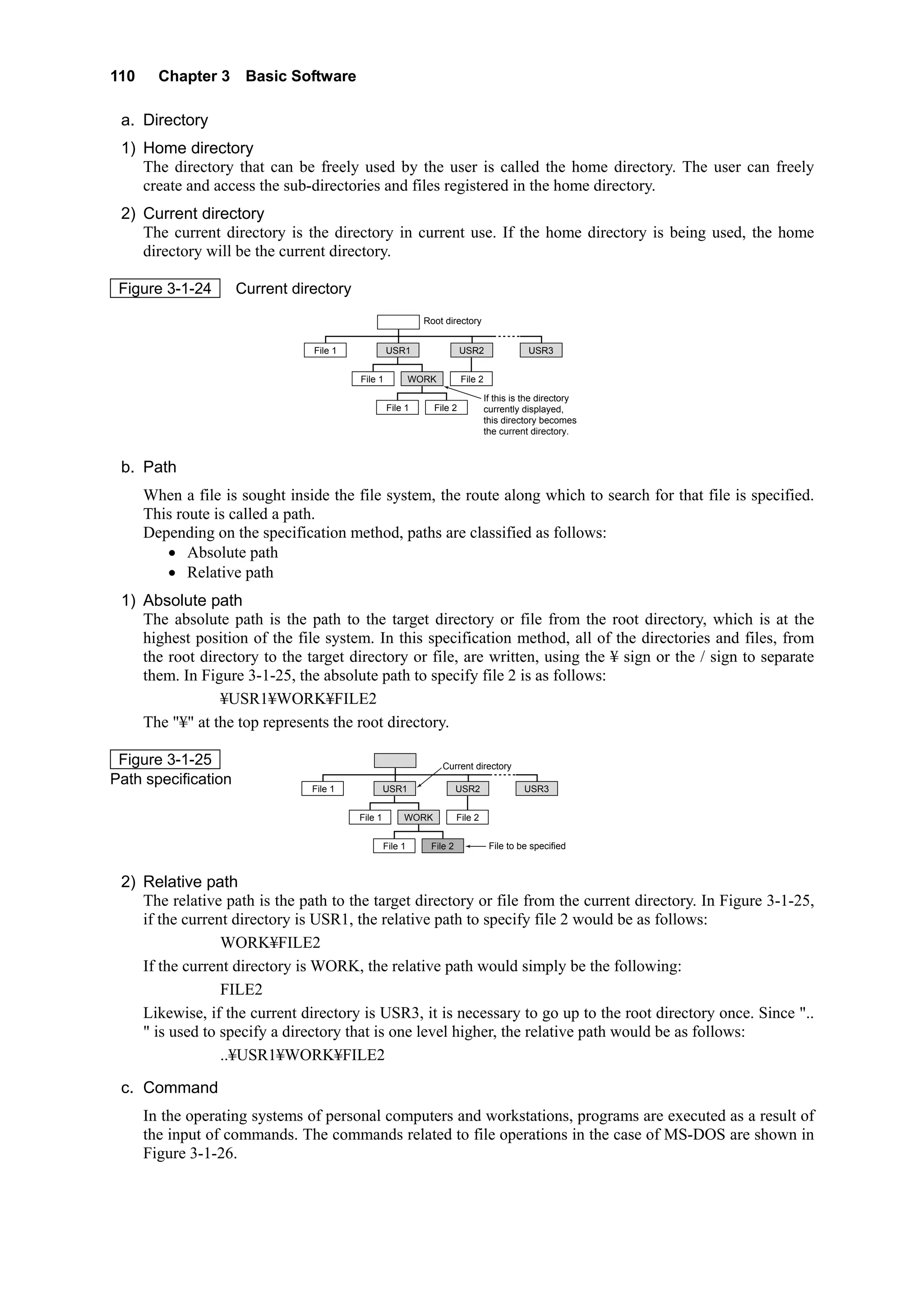 110 Chapter 3 Basic Software
a. Directory
1) Home directory
The directory that can be freely used by the user is called the home directory. The user can freely
create and access the sub-directories and files registered in the home directory.
2) Current directory
The current directory is the directory in current use. If the home directory is being used, the home
directory will be the current directory.
Figure 3-1-24 Current directory
￥
File 1
File 1 File 2WORK
USR1
File 1
USR2
If this is the directory
currently displayed,
this directory becomes
the current directory.
Root directory
USR3
File 2
b. Path
When a file is sought inside the file system, the route along which to search for that file is specified.
This route is called a path.
Depending on the specification method, paths are classified as follows:
• Absolute path
• Relative path
1) Absolute path
The absolute path is the path to the target directory or file from the root directory, which is at the
highest position of the file system. In this specification method, all of the directories and files, from
the root directory to the target directory or file, are written, using the ¥ sign or the / sign to separate
them. In Figure 3-1-25, the absolute path to specify file 2 is as follows:
¥USR1¥WORK¥FILE2
The "¥" at the top represents the root directory.
Figure 3-1-25
Path specification
￥
File 1
File 1 File 2WORK
USR1
File 1
USR2
File to be specified
Current directory
USR3
File 2
2) Relative path
The relative path is the path to the target directory or file from the current directory. In Figure 3-1-25,
if the current directory is USR1, the relative path to specify file 2 would be as follows:
WORK¥FILE2
If the current directory is WORK, the relative path would simply be the following:
FILE2
Likewise, if the current directory is USR3, it is necessary to go up to the root directory once. Since "..
" is used to specify a directory that is one level higher, the relative path would be as follows:
..¥USR1¥WORK¥FILE2
c. Command
In the operating systems of personal computers and workstations, programs are executed as a result of
the input of commands. The commands related to file operations in the case of MS-DOS are shown in
Figure 3-1-26.
 