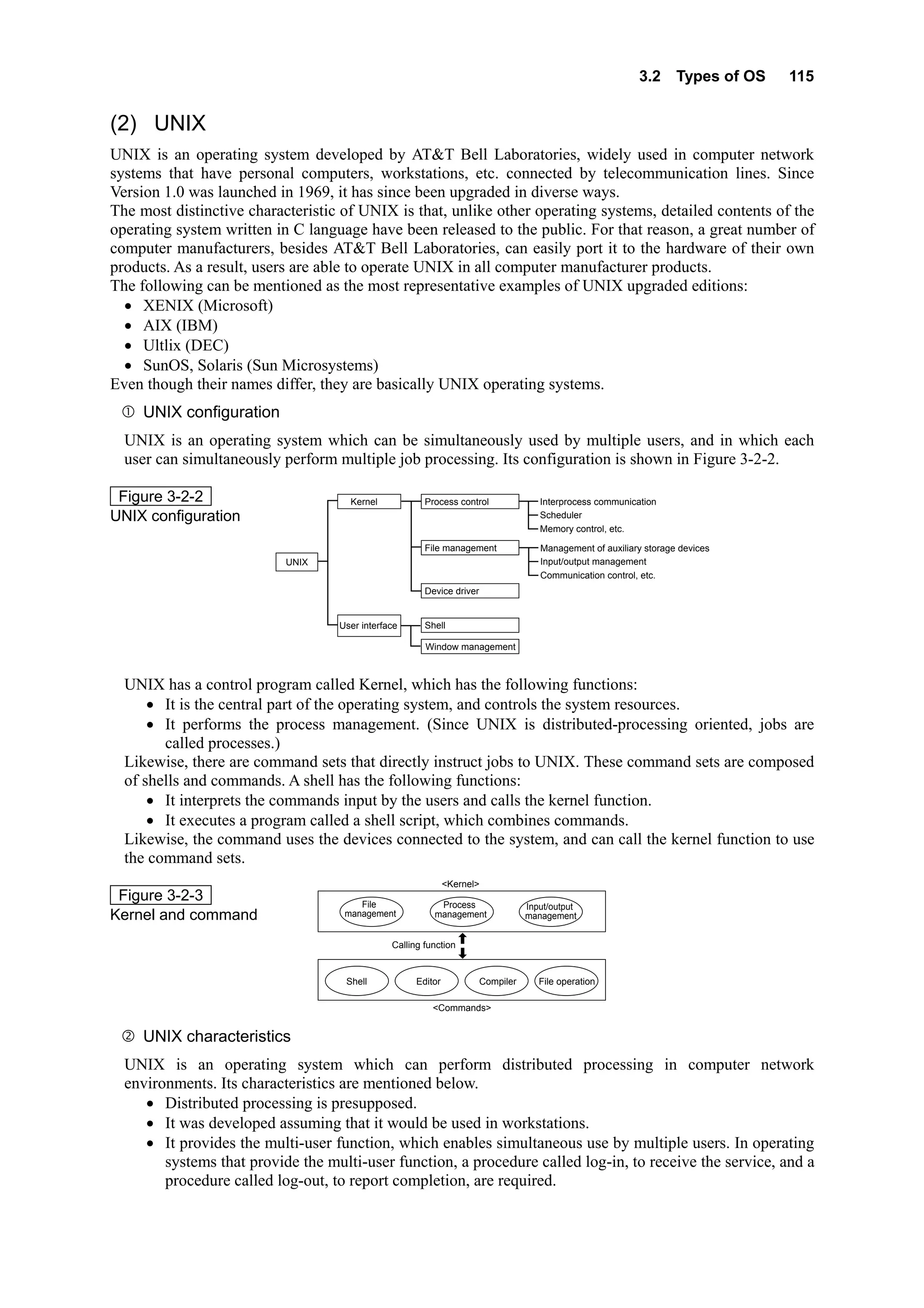 3.2 Types of OS 115
(2) UNIX
UNIX is an operating system developed by AT&T Bell Laboratories, widely used in computer network
systems that have personal computers, workstations, etc. connected by telecommunication lines. Since
Version 1.0 was launched in 1969, it has since been upgraded in diverse ways.
The most distinctive characteristic of UNIX is that, unlike other operating systems, detailed contents of the
operating system written in C language have been released to the public. For that reason, a great number of
computer manufacturers, besides AT&T Bell Laboratories, can easily port it to the hardware of their own
products. As a result, users are able to operate UNIX in all computer manufacturer products.
The following can be mentioned as the most representative examples of UNIX upgraded editions:
• XENIX (Microsoft)
• AIX (IBM)
• Ultlix (DEC)
• SunOS, Solaris (Sun Microsystems)
Even though their names differ, they are basically UNIX operating systems.
UNIX configuration
UNIX is an operating system which can be simultaneously used by multiple users, and in which each
user can simultaneously perform multiple job processing. Its configuration is shown in Figure 3-2-2.
Figure 3-2-2
UNIX configuration
UNIX
Kernel Process control
File management
Device driver
Shell
Window management
User interface
Interprocess communication
Scheduler
Memory control, etc.
Management of auxiliary storage devices
Input/output management
Communication control, etc.
UNIX has a control program called Kernel, which has the following functions:
• It is the central part of the operating system, and controls the system resources.
• It performs the process management. (Since UNIX is distributed-processing oriented, jobs are
called processes.)
Likewise, there are command sets that directly instruct jobs to UNIX. These command sets are composed
of shells and commands. A shell has the following functions:
• It interprets the commands input by the users and calls the kernel function.
• It executes a program called a shell script, which combines commands.
Likewise, the command uses the devices connected to the system, and can call the kernel function to use
the command sets.
Figure 3-2-3
Kernel and command
File
management
Process
management
<Kernel>
Calling function
<Commands>
Input/output
management
EditorShell Compiler File operation
UNIX characteristics
UNIX is an operating system which can perform distributed processing in computer network
environments. Its characteristics are mentioned below.
• Distributed processing is presupposed.
• It was developed assuming that it would be used in workstations.
• It provides the multi-user function, which enables simultaneous use by multiple users. In operating
systems that provide the multi-user function, a procedure called log-in, to receive the service, and a
procedure called log-out, to report completion, are required.
 