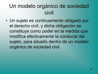 Un modelo orgánico de sociedad
              civil
• Un sujeto es continuamente obligado por
  el derecho civil, y dicha obligación se
  constituye como poder en la medida que
  modifica efectivamente la conducta del
  sujeto, para situarlo dentro de un modelo
  orgánico de sociedad civil.



                                              35
 
