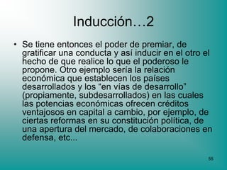 Inducción…2
• Se tiene entonces el poder de premiar, de
  gratificar una conducta y así inducir en el otro el
  hecho de que realice lo que el poderoso le
  propone. Otro ejemplo sería la relación
  económica que establecen los países
  desarrollados y los “en vías de desarrollo”
  (propiamente, subdesarrollados) en las cuales
  las potencias económicas ofrecen créditos
  ventajosos en capital a cambio, por ejemplo, de
  ciertas reformas en su constitución política, de
  una apertura del mercado, de colaboraciones en
  defensa, etc...

                                                   55
 
